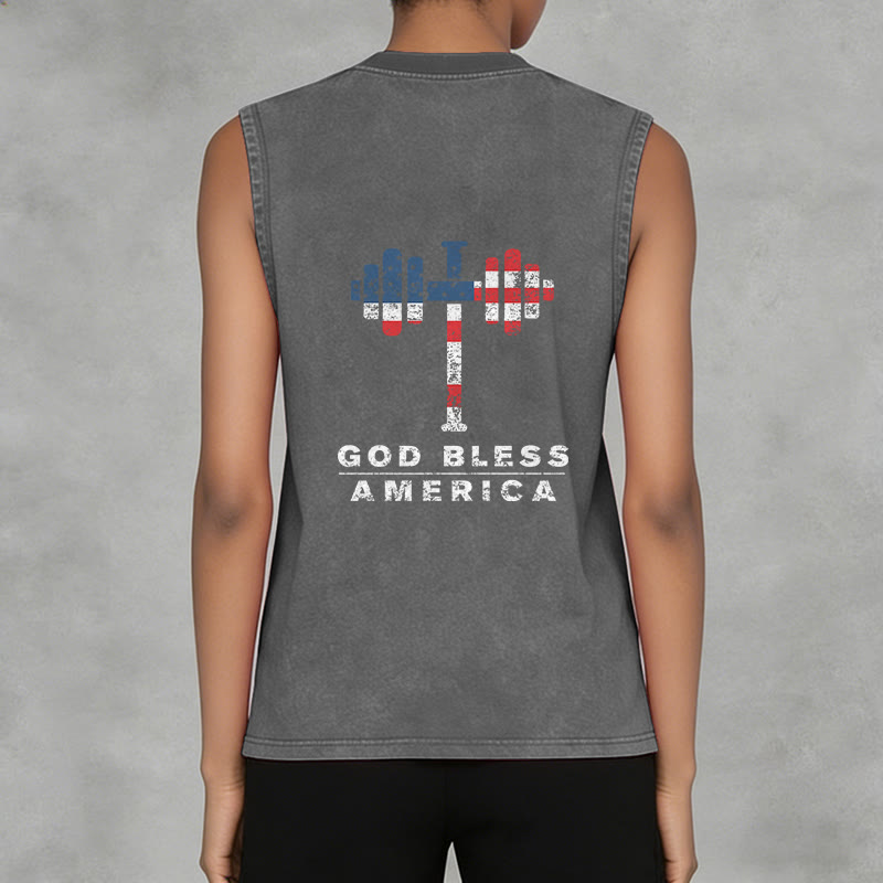 Christianartworkshop God Bless America Cross Dumbbell Unisex Washed Tank Top - image 14