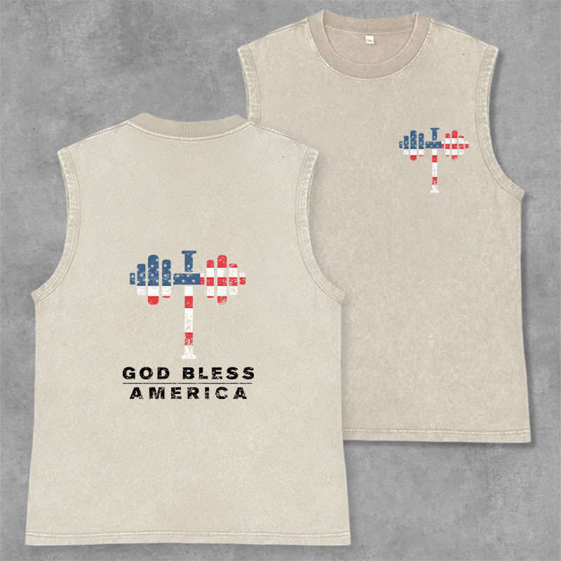 Christianartworkshop God Bless America Cross Dumbbell Unisex Washed Tank Top - Beige - 2XL - image 8