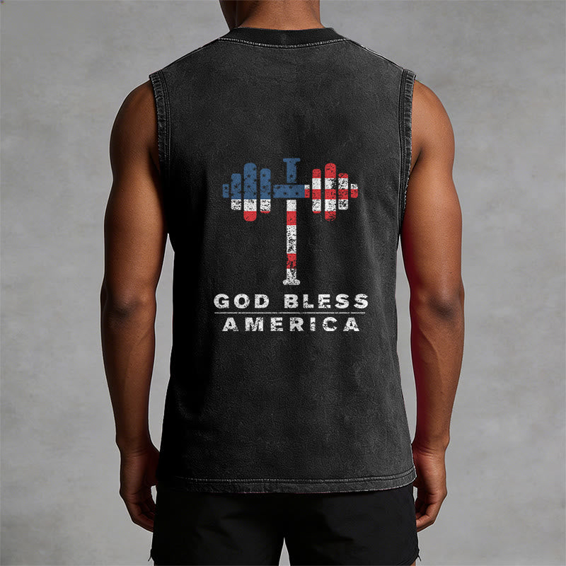 Christianartworkshop God Bless America Cross Dumbbell Unisex Washed Tank Top - image 1