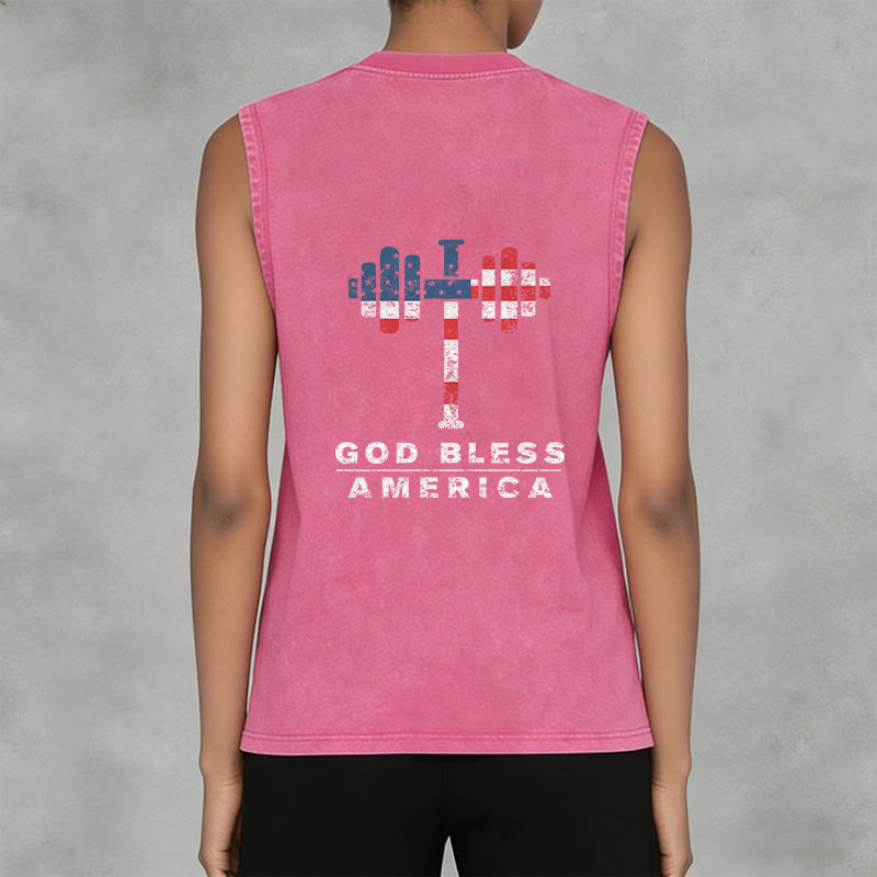 Christianartworkshop God Bless America Cross Dumbbell Unisex Washed Tank Top - image 18