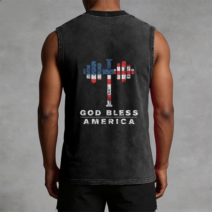 Christianartworkshop God Bless America Cross Dumbbell Unisex Washed Tank Top - image 1