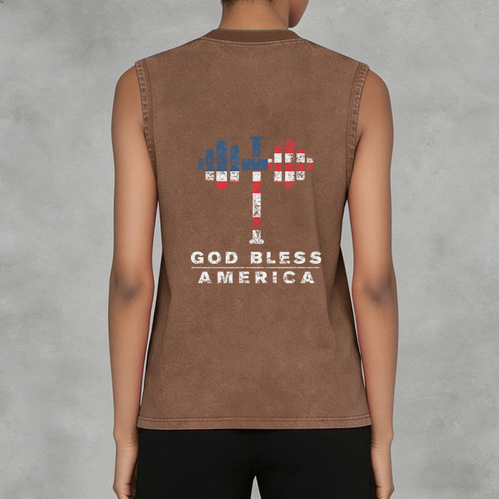 Christianartworkshop God Bless America Cross Dumbbell Unisex Washed Tank Top - image 7