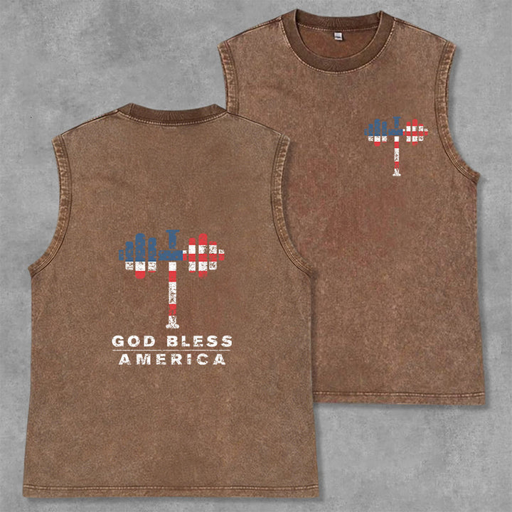 Christianartworkshop God Bless America Cross Dumbbell Unisex Washed Tank Top - Brown - 2XL - image 4