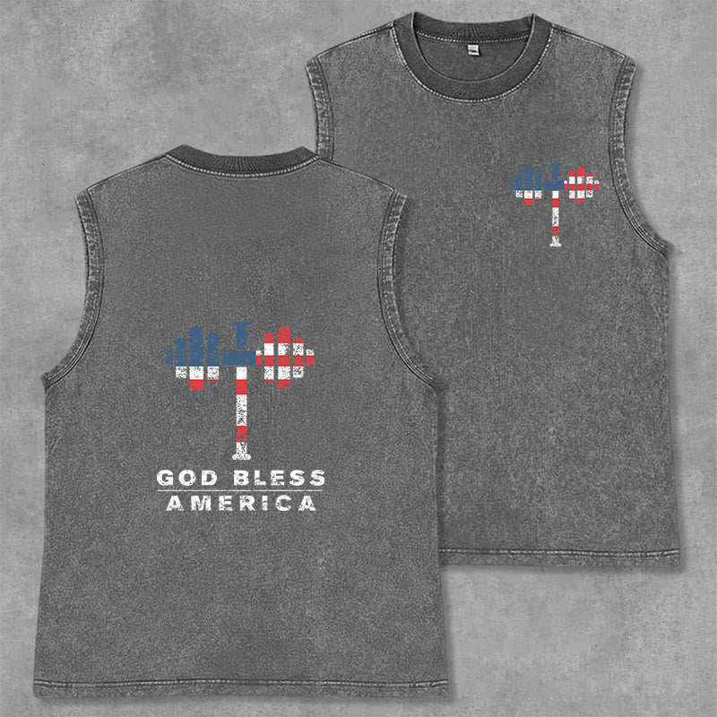 Christianartworkshop God Bless America Cross Dumbbell Unisex Washed Tank Top - Grey - 2XL - image 12