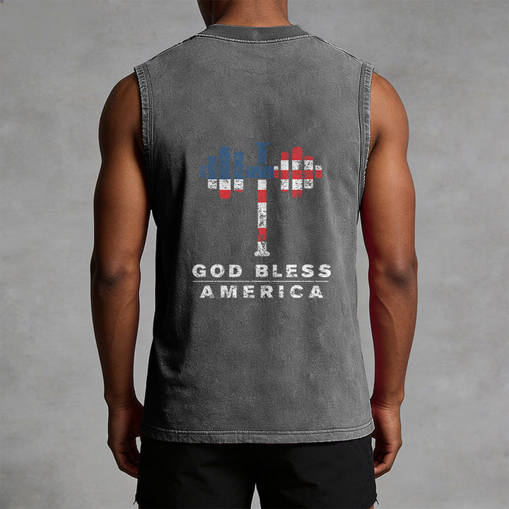 Christianartworkshop God Bless America Cross Dumbbell Unisex Washed Tank Top - image 13