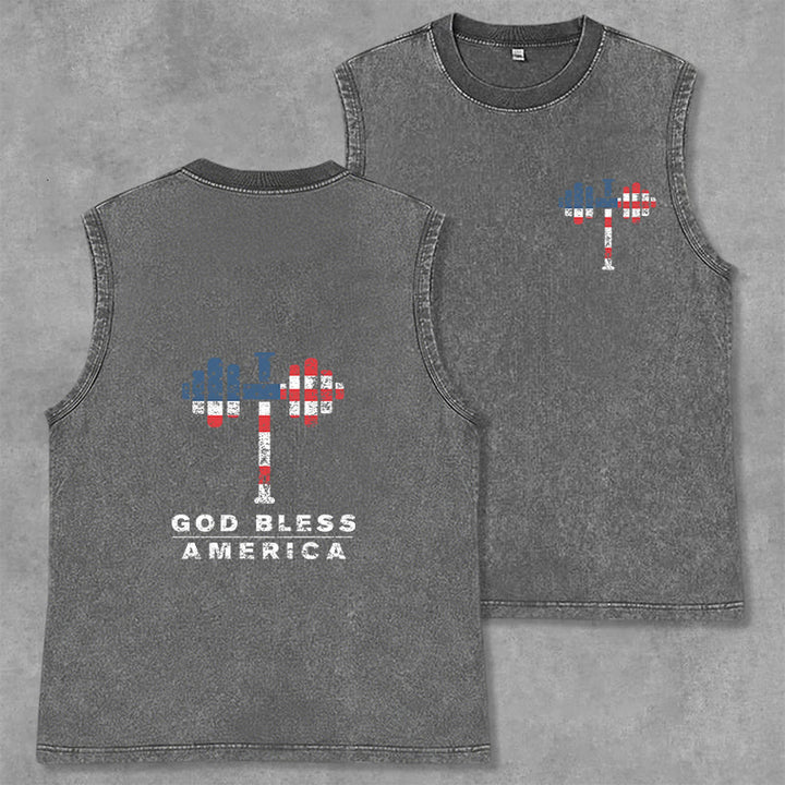 Christianartworkshop God Bless America Cross Dumbbell Unisex Washed Tank Top - Grey - 2XL - image 12