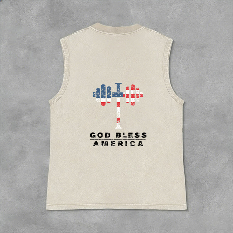 Christianartworkshop God Bless America Cross Dumbbell Unisex Washed Tank Top - image 9