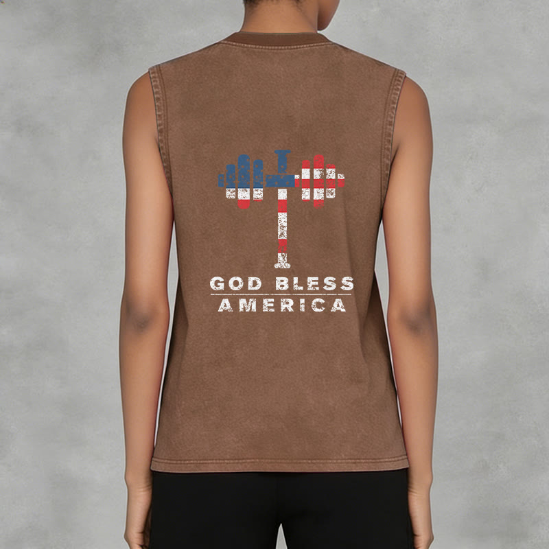 Christianartworkshop God Bless America Cross Dumbbell Unisex Washed Tank Top - image 7