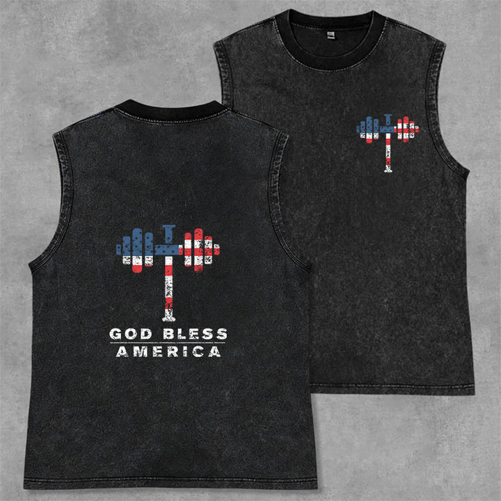 Christianartworkshop God Bless America Cross Dumbbell Unisex Washed Tank Top - Black - 2XL - image 0