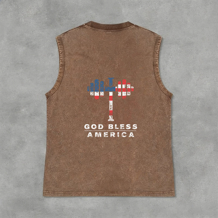 Christianartworkshop God Bless America Cross Dumbbell Unisex Washed Tank Top - image 5