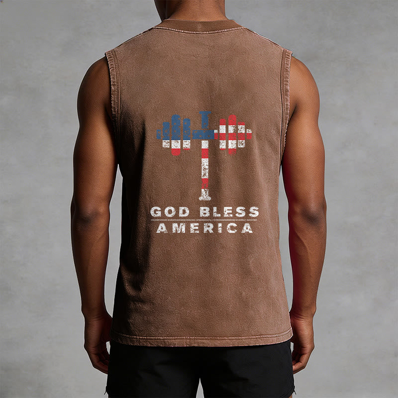 Christianartworkshop God Bless America Cross Dumbbell Unisex Washed Tank Top - image 6