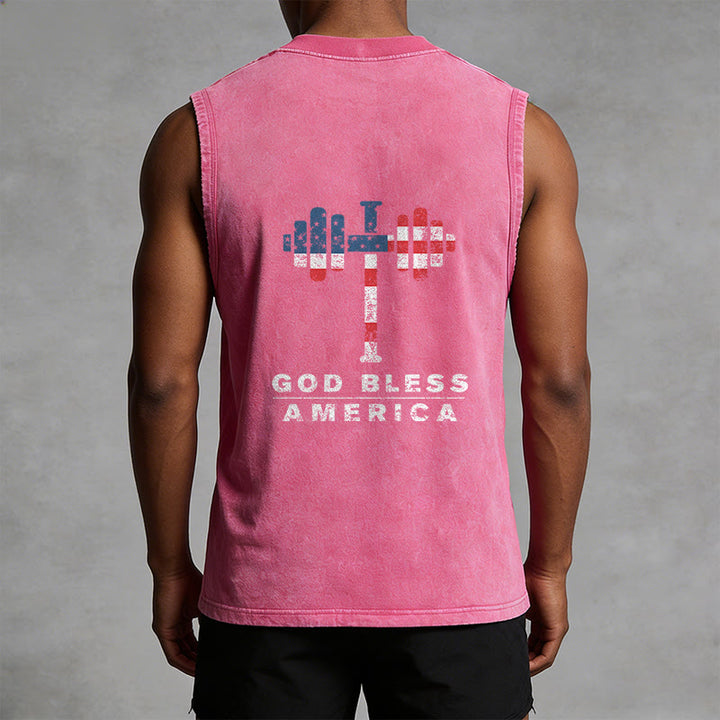 Christianartworkshop God Bless America Cross Dumbbell Unisex Washed Tank Top - image 17