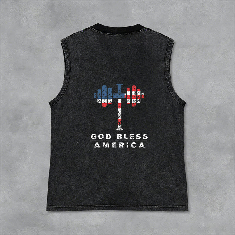 Christianartworkshop God Bless America Cross Dumbbell Unisex Washed Tank Top - image 3