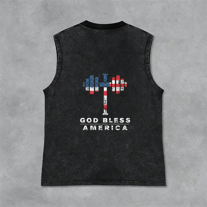 Christianartworkshop God Bless America Cross Dumbbell Unisex Washed Tank Top - image 3