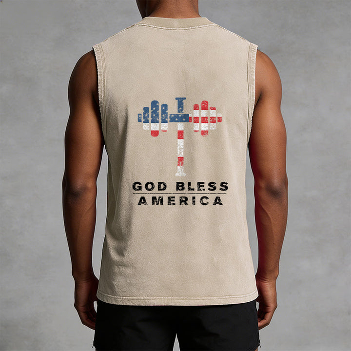 Christianartworkshop God Bless America Cross Dumbbell Unisex Washed Tank Top - image 10