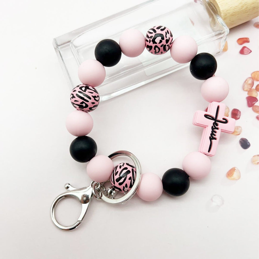 Christianartworkshop Rosary Keychain with Silicone Cross Charm & Leopard-Print Wooden Beads: Portable Devotion on the Go - Pink - image 3