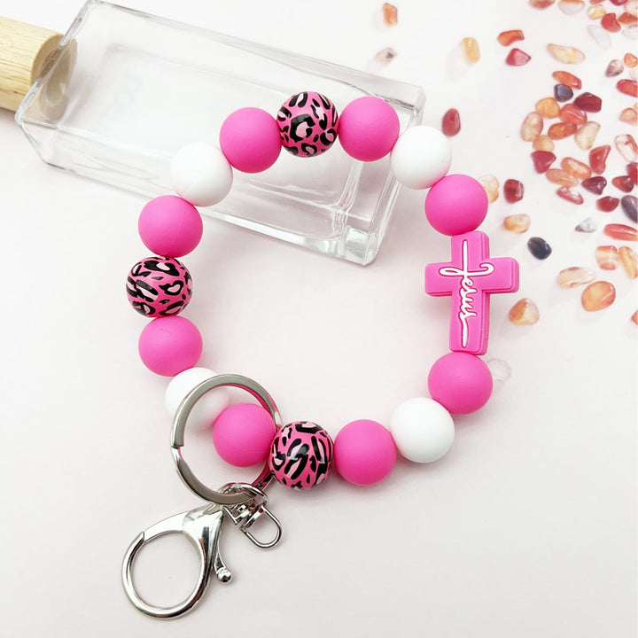 Christianartworkshop Rosary Keychain with Silicone Cross Charm & Leopard-Print Wooden Beads: Portable Devotion on the Go - Rose - image 4