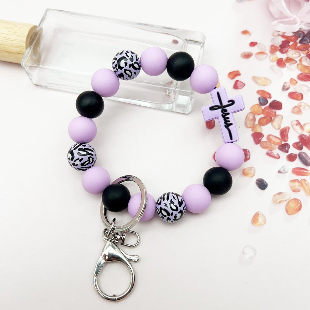 Christianartworkshop Rosary Keychain with Silicone Cross Charm & Leopard-Print Wooden Beads: Portable Devotion on the Go - Purple - image 7