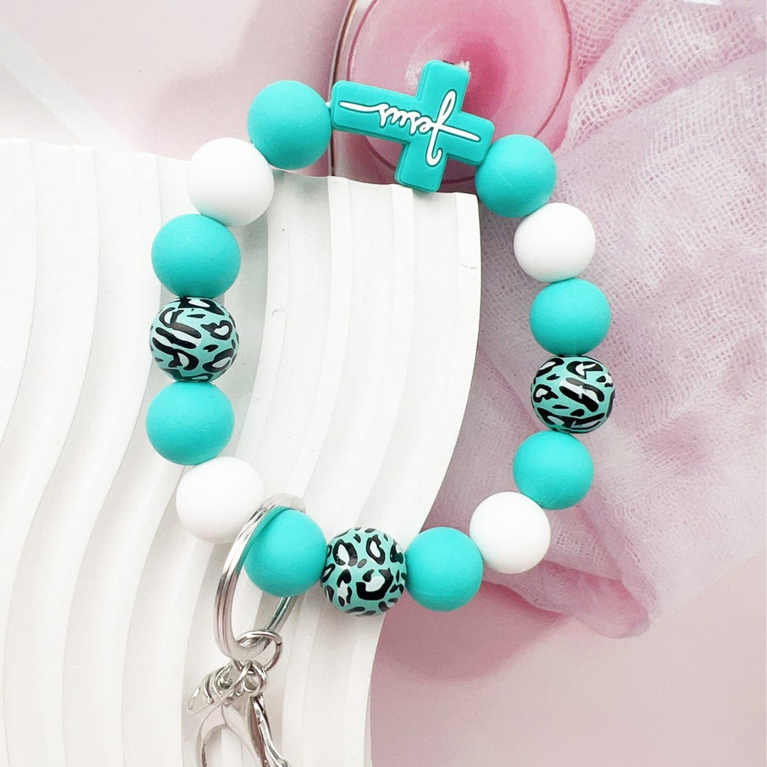 Christianartworkshop Rosary Keychain with Silicone Cross Charm & Leopard-Print Wooden Beads: Portable Devotion on the Go - Green - image 6