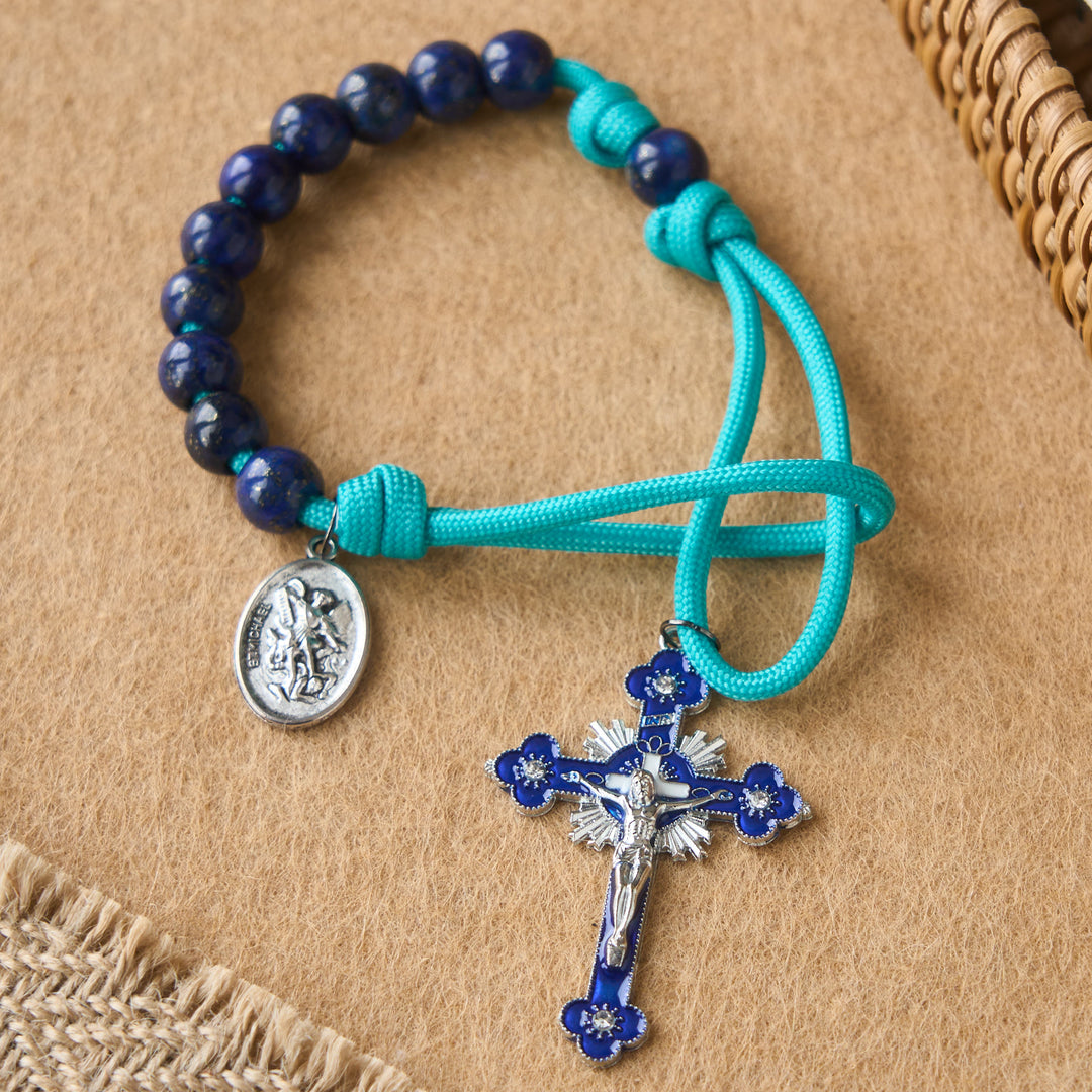 Christianartworkshop Lapis Lazuli Paracord Pocket Rosary with St. Michael Guardian - St. Michael & Crucifix - image 0