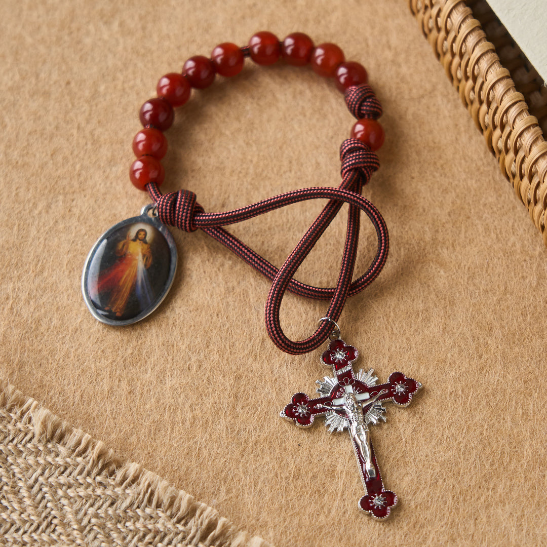 Christianartworkshop Divine Mercy Guardian Pocket Rosary with Natural Red Agate Beads - Divine Mercy & Crucifix - image 0