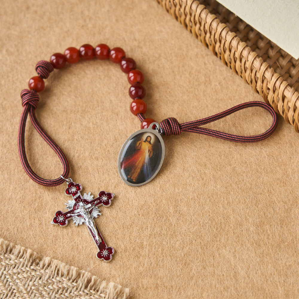 Christianartworkshop Divine Mercy Guardian Pocket Rosary with Natural Red Agate Beads - image 1
