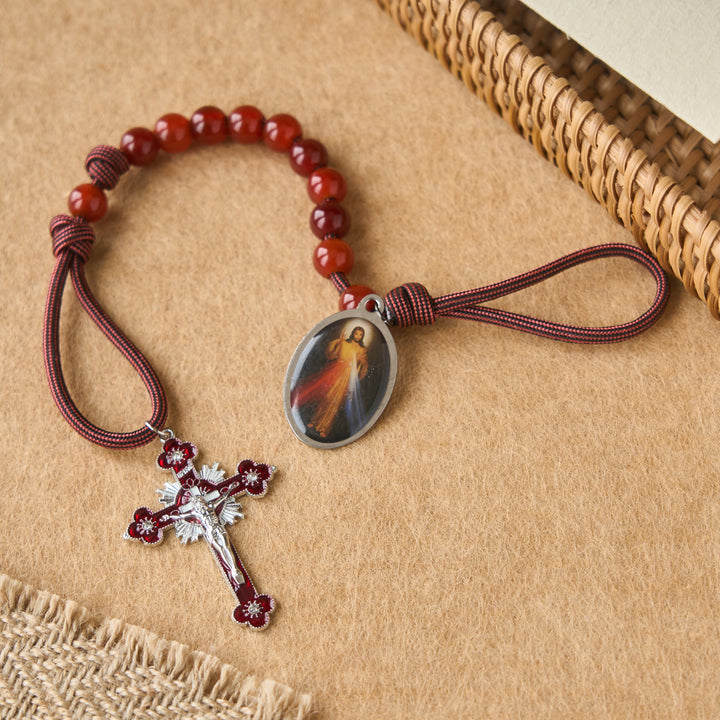 Christianartworkshop Divine Mercy Guardian Pocket Rosary with Natural Red Agate Beads - image 1