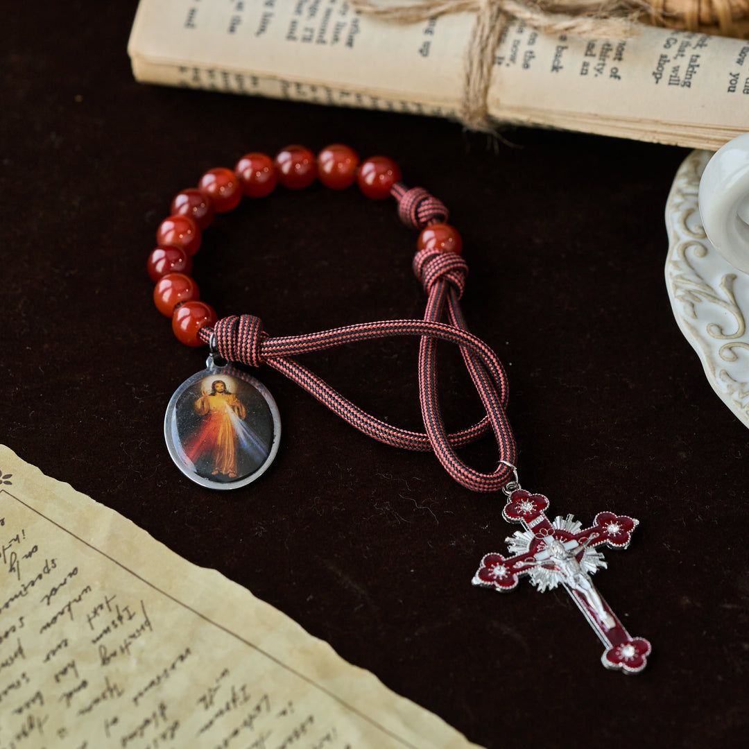 Christianartworkshop Divine Mercy Guardian Pocket Rosary with Natural Red Agate Beads - image 2