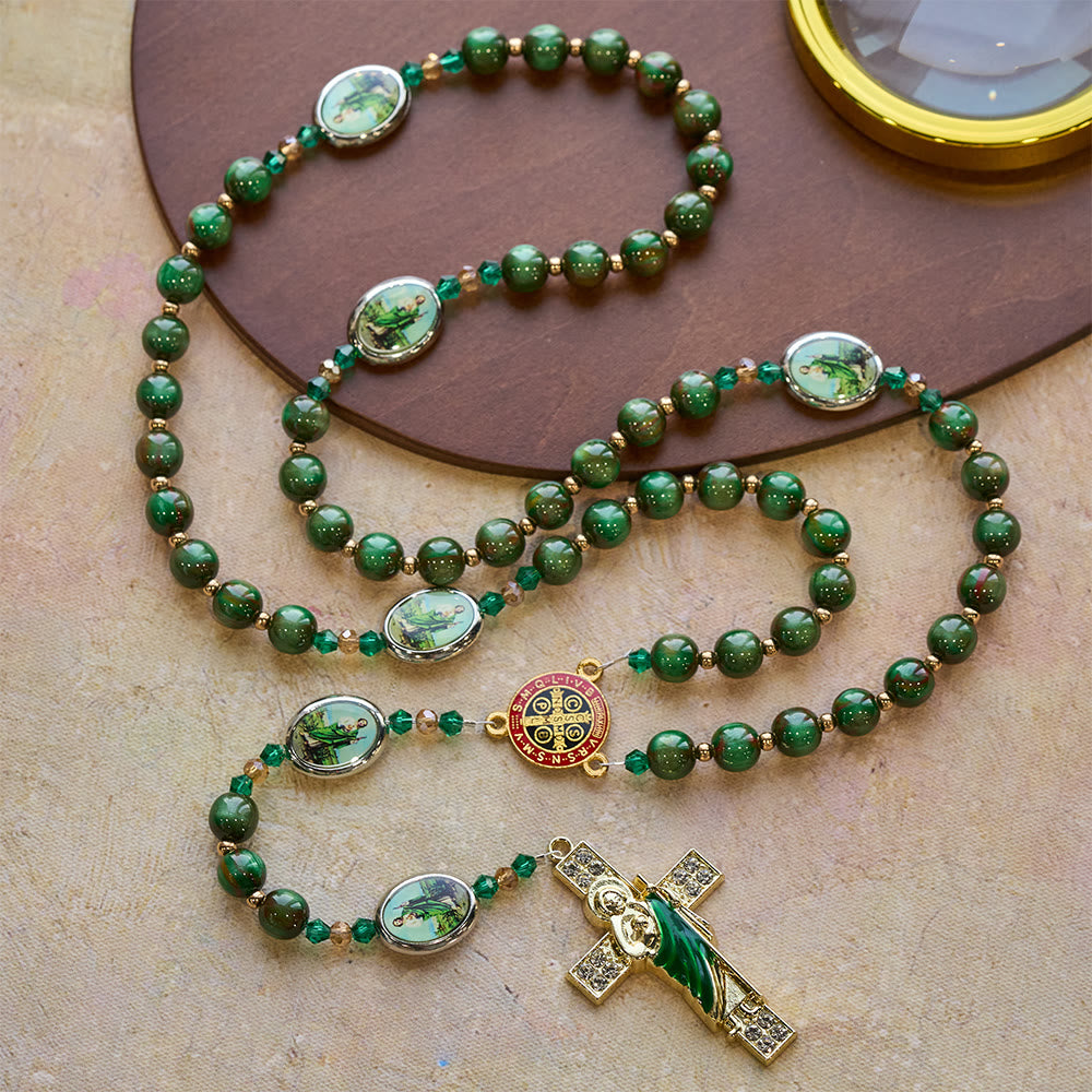 Christianartworkshop Green Sparkle Beads St. Jude Rosary: St. Jude Patron of Hope - St. Jude & St. Benedict - image 0