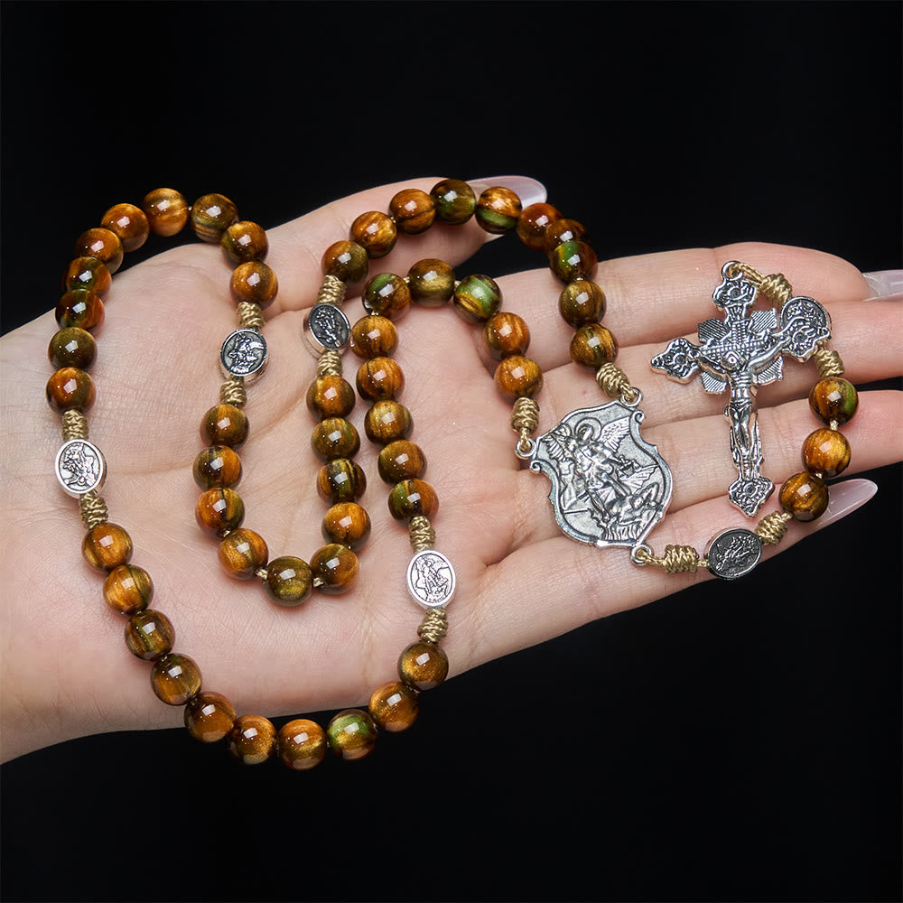 Christianartworkshop Vintage Shimmer Brown Beads Rosary with St. Michael Guardian - image 1