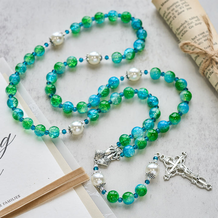 FREE Today: Blue Green Gradient Glass Rosary with Praying Hands & Crucifix - image 3