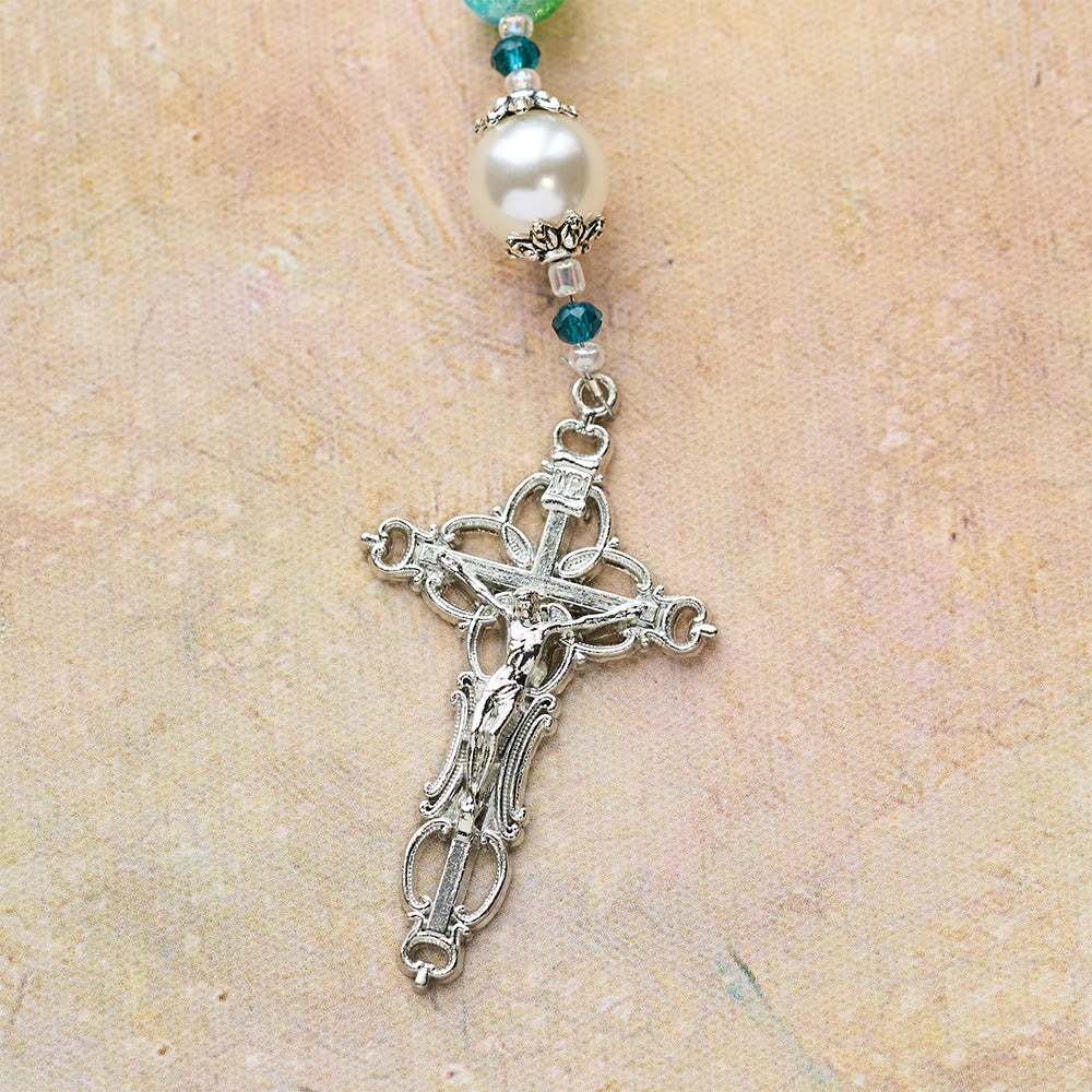 Christianartworkshop Blue Green Gradient Glass Rosary with Praying Hands & Crucifix - image 8
