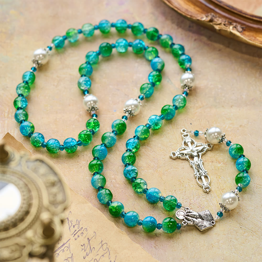 FREE Today: Blue Green Gradient Glass Rosary with Praying Hands & Crucifix - Praying Hands & Crucifix - image 0