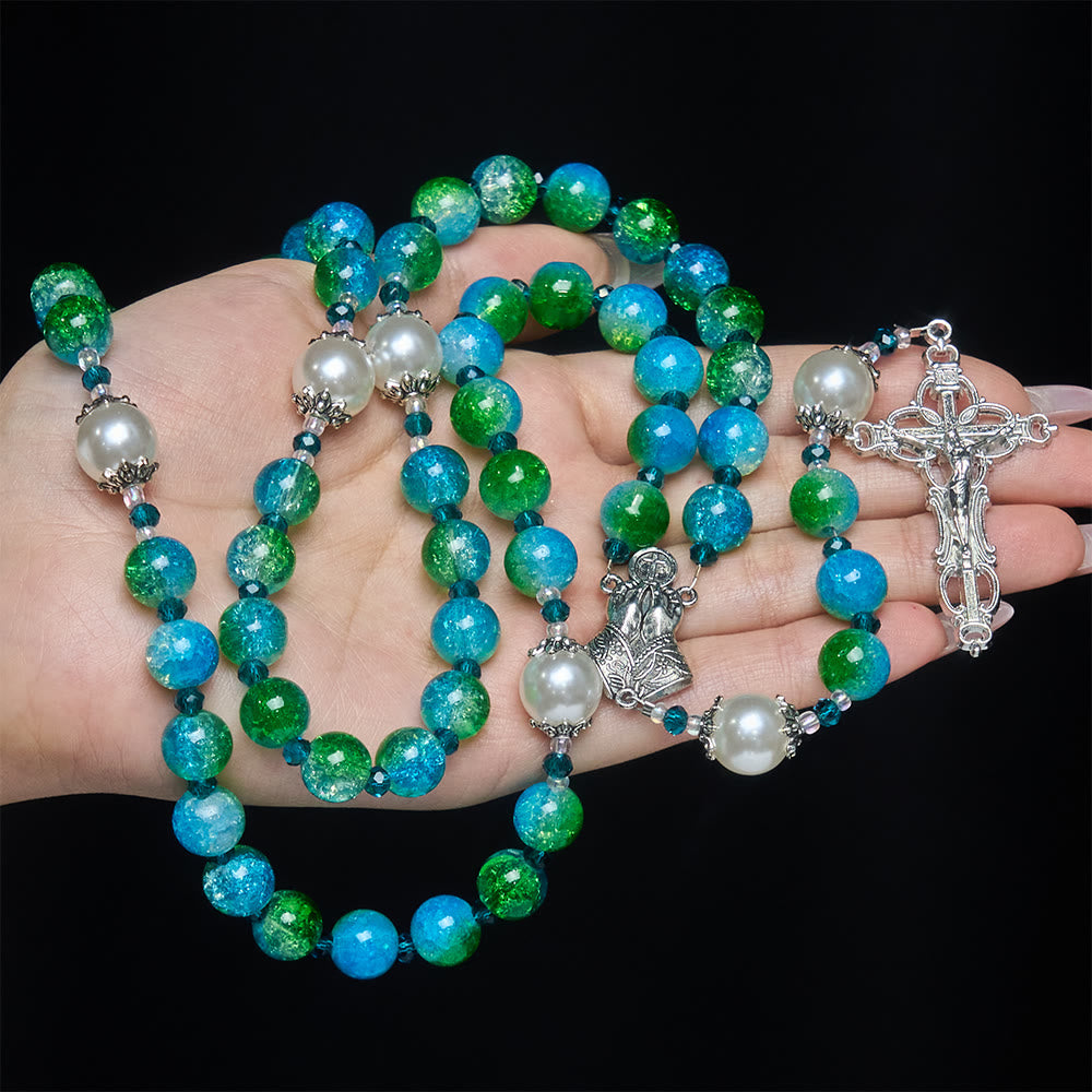 Christianartworkshop Blue Green Gradient Glass Rosary with Praying Hands & Crucifix - image 1