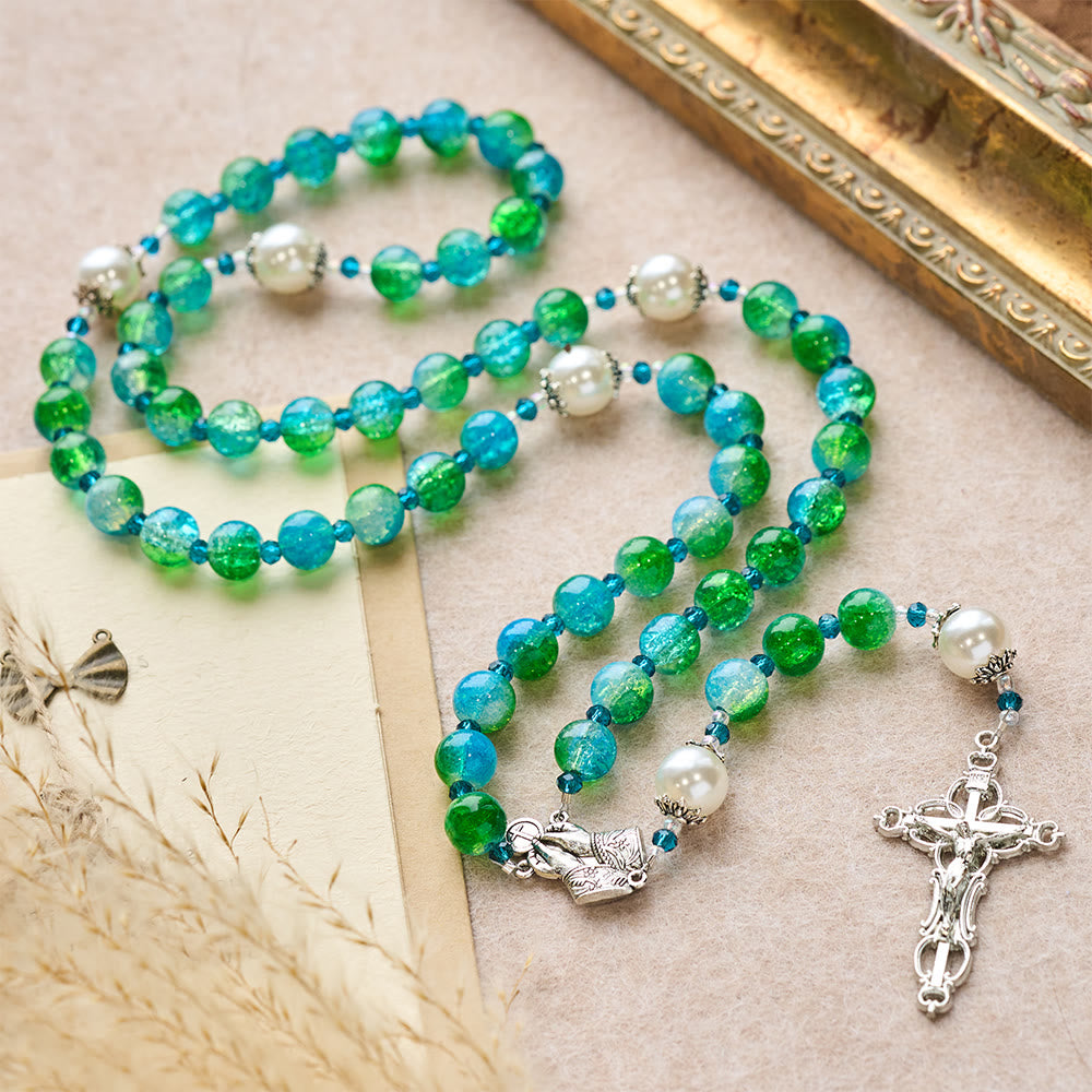 Christianartworkshop Blue Green Gradient Glass Rosary with Praying Hands & Crucifix - image 2