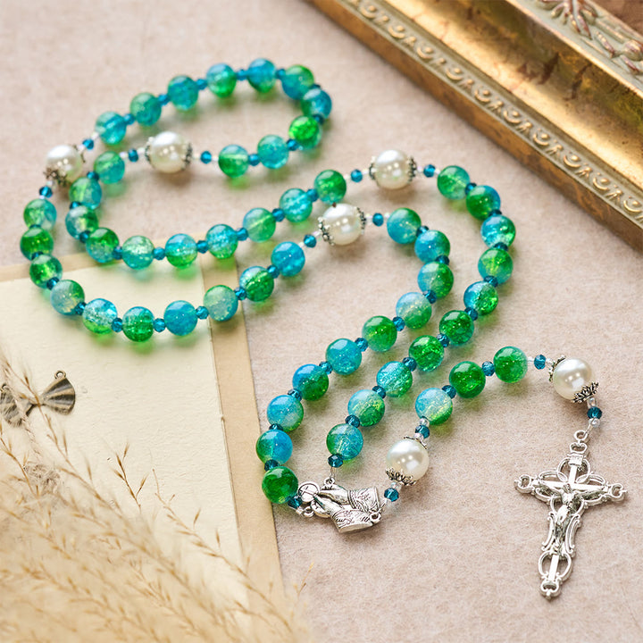 Christianartworkshop Blue Green Gradient Glass Rosary with Praying Hands & Crucifix - image 2