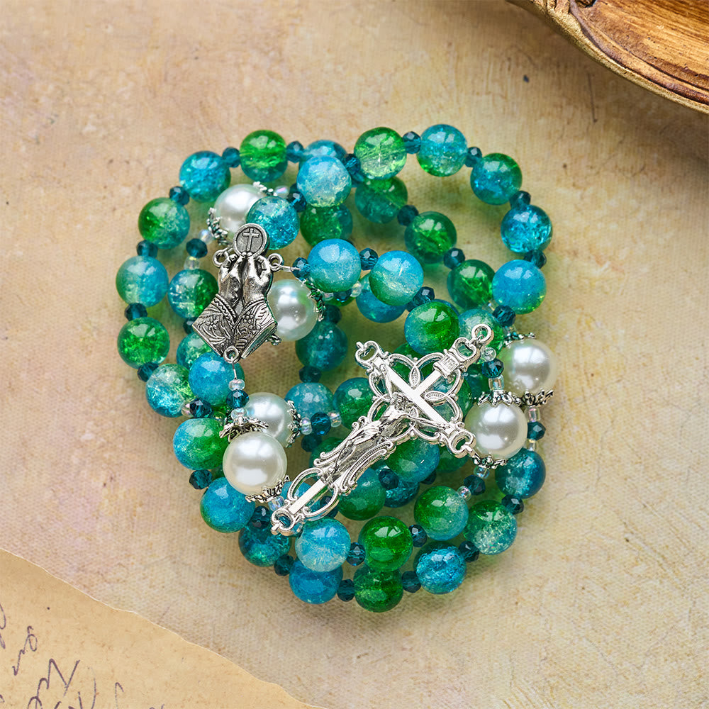 Christianartworkshop Blue Green Gradient Glass Rosary with Praying Hands & Crucifix - image 7