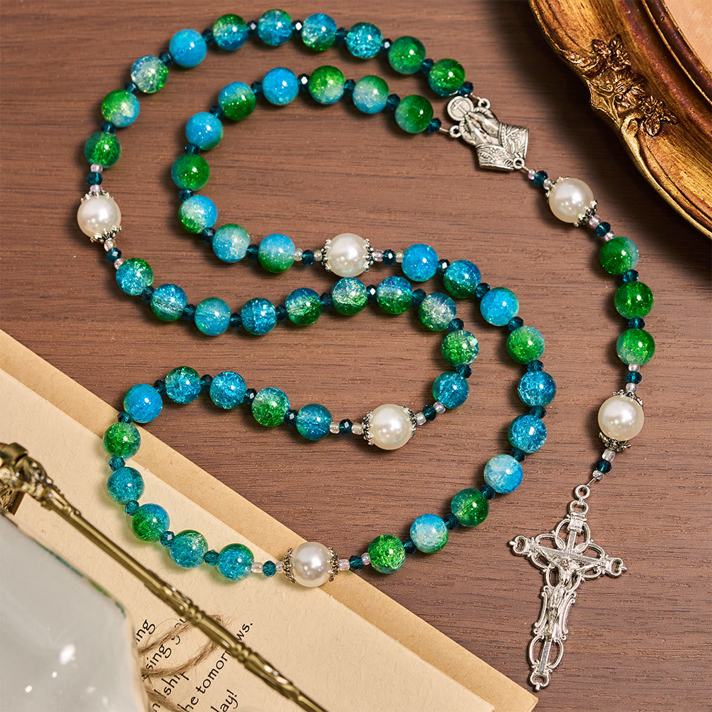 Christianartworkshop Blue Green Gradient Glass Rosary with Praying Hands & Crucifix - image 5