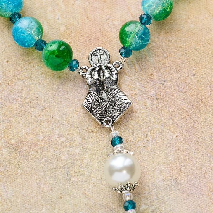 Christianartworkshop Blue Green Gradient Glass Rosary with Praying Hands & Crucifix - image 10