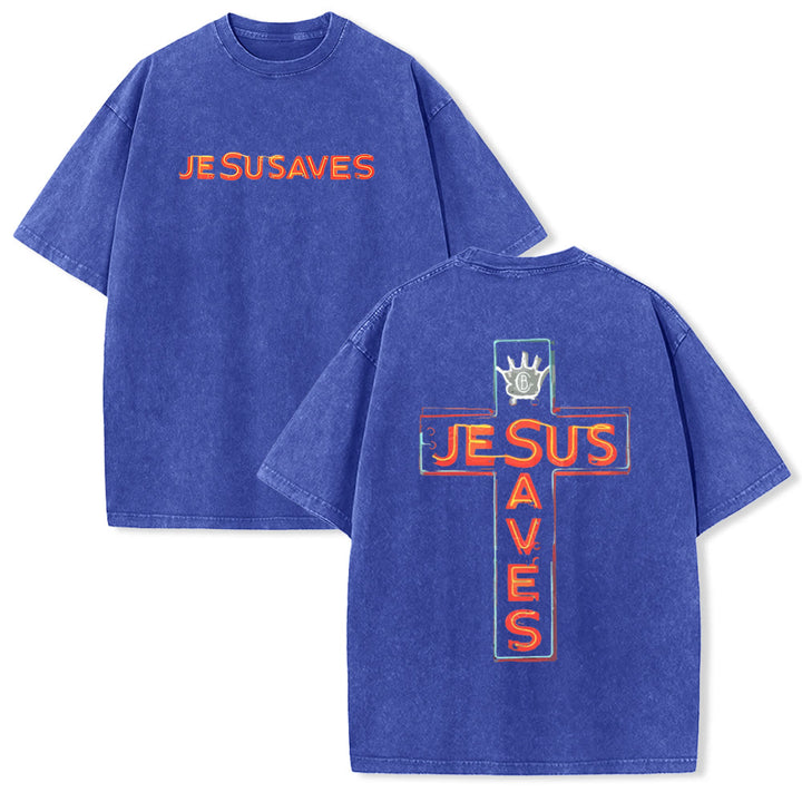 Christianartworkshop Jesus Saves Cross Graphic Unisex Washed T-Shirt - Blue - 5XL - image 2