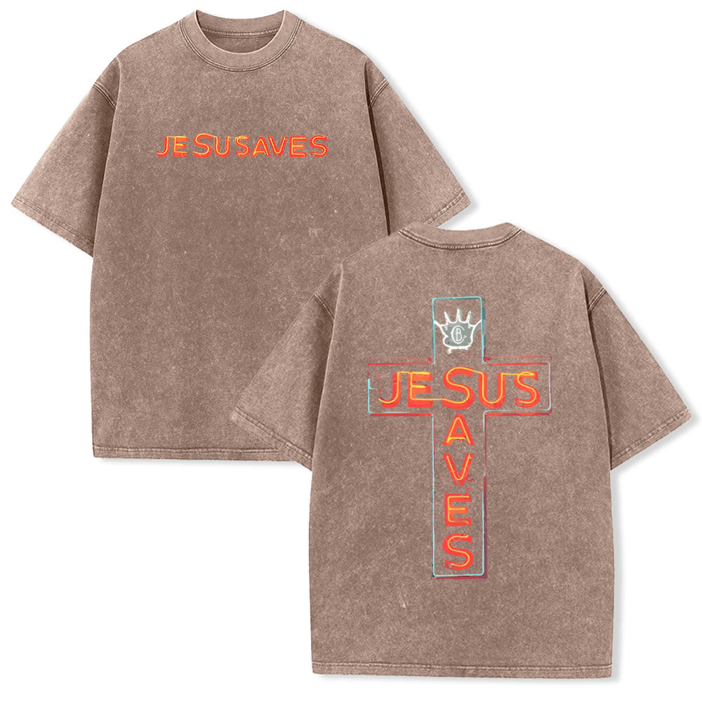 Christianartworkshop Jesus Saves Cross Graphic Unisex Washed T-Shirt - Brown - 5XL - image 14