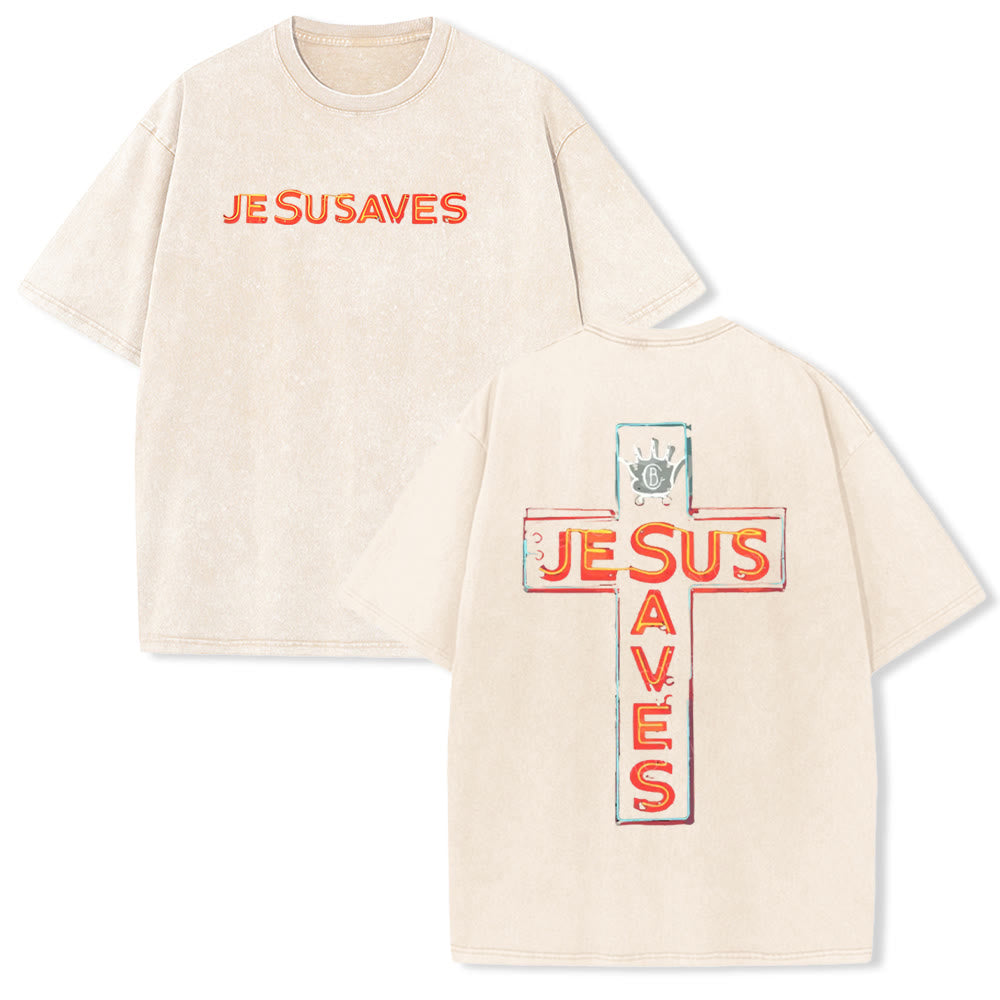 Christianartworkshop Jesus Saves Cross Graphic Unisex Washed T-Shirt - Beige - 5XL - image 8