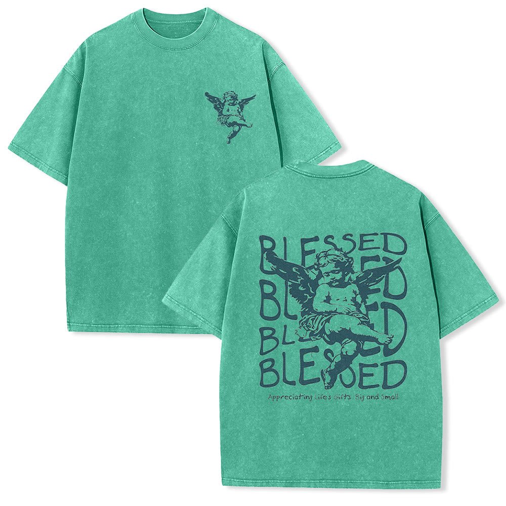 Christianartworkshop Inspired Blessed T-Shirt with Cherub Design Unisex Washed T-Shirt - Green - 5XL - image 8