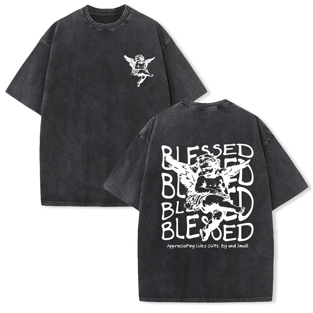 Christianartworkshop Inspired Blessed T-Shirt with Cherub Design Unisex Washed T-Shirt - Black - 5XL - image 5