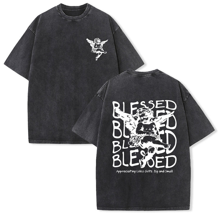 Christianartworkshop Inspired Blessed T-Shirt with Cherub Design Unisex Washed T-Shirt - Black - 5XL - image 5