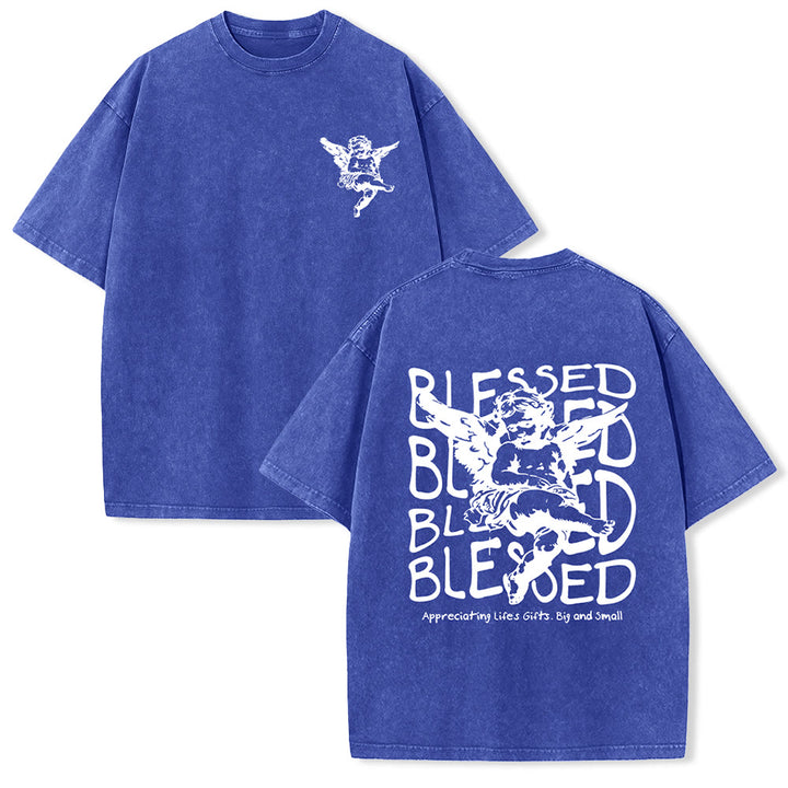 Christianartworkshop Inspired Blessed T-Shirt with Cherub Design Unisex Washed T-Shirt - Blue - 5XL - image 26