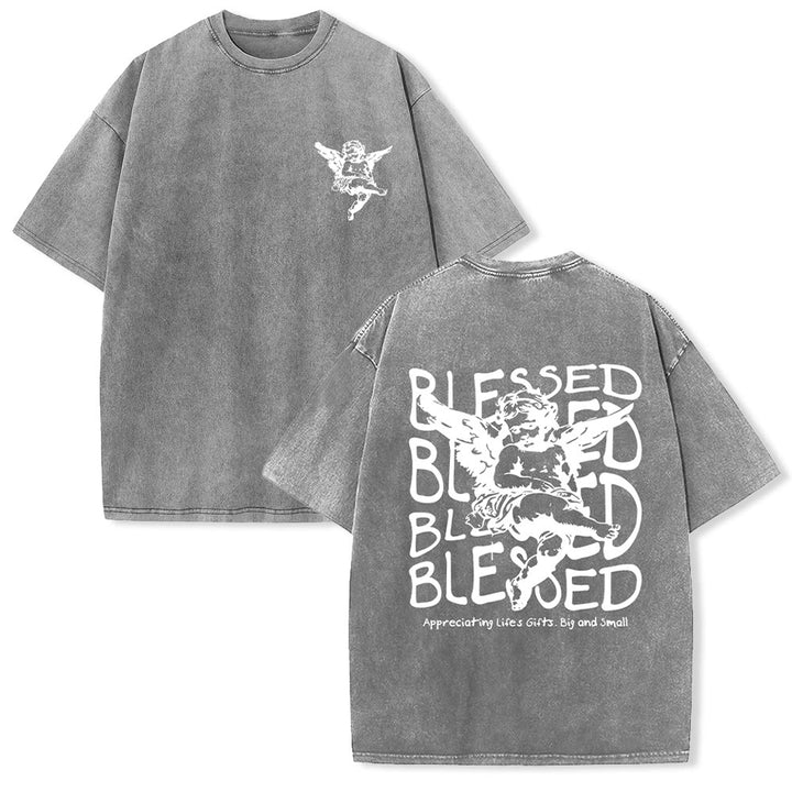 Christianartworkshop Inspired Blessed T-Shirt with Cherub Design Unisex Washed T-Shirt - Grey - 5XL - image 14