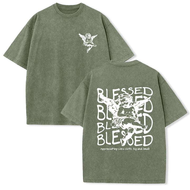 Christianartworkshop Inspired Blessed T-Shirt with Cherub Design Unisex Washed T-Shirt - Army Green - 5XL - image 11