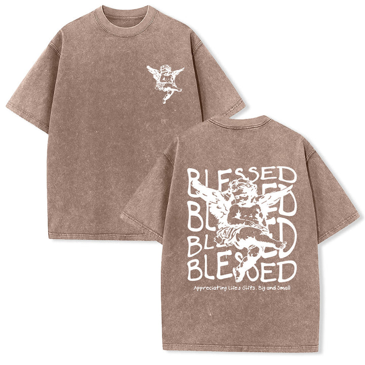 Christianartworkshop Inspired Blessed T-Shirt with Cherub Design Unisex Washed T-Shirt - Coffee - 5XL - image 17