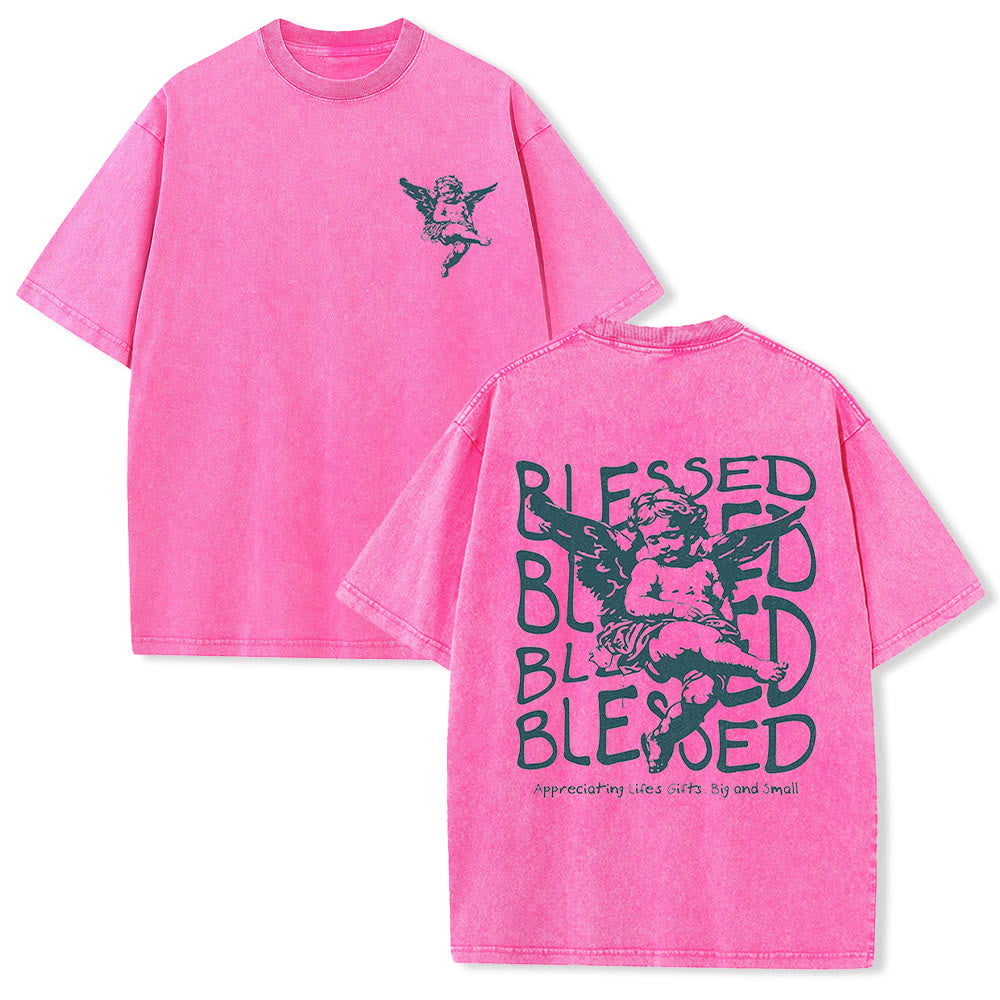 Christianartworkshop Inspired Blessed T-Shirt with Cherub Design Unisex Washed T-Shirt - Pink - 5XL - image 20